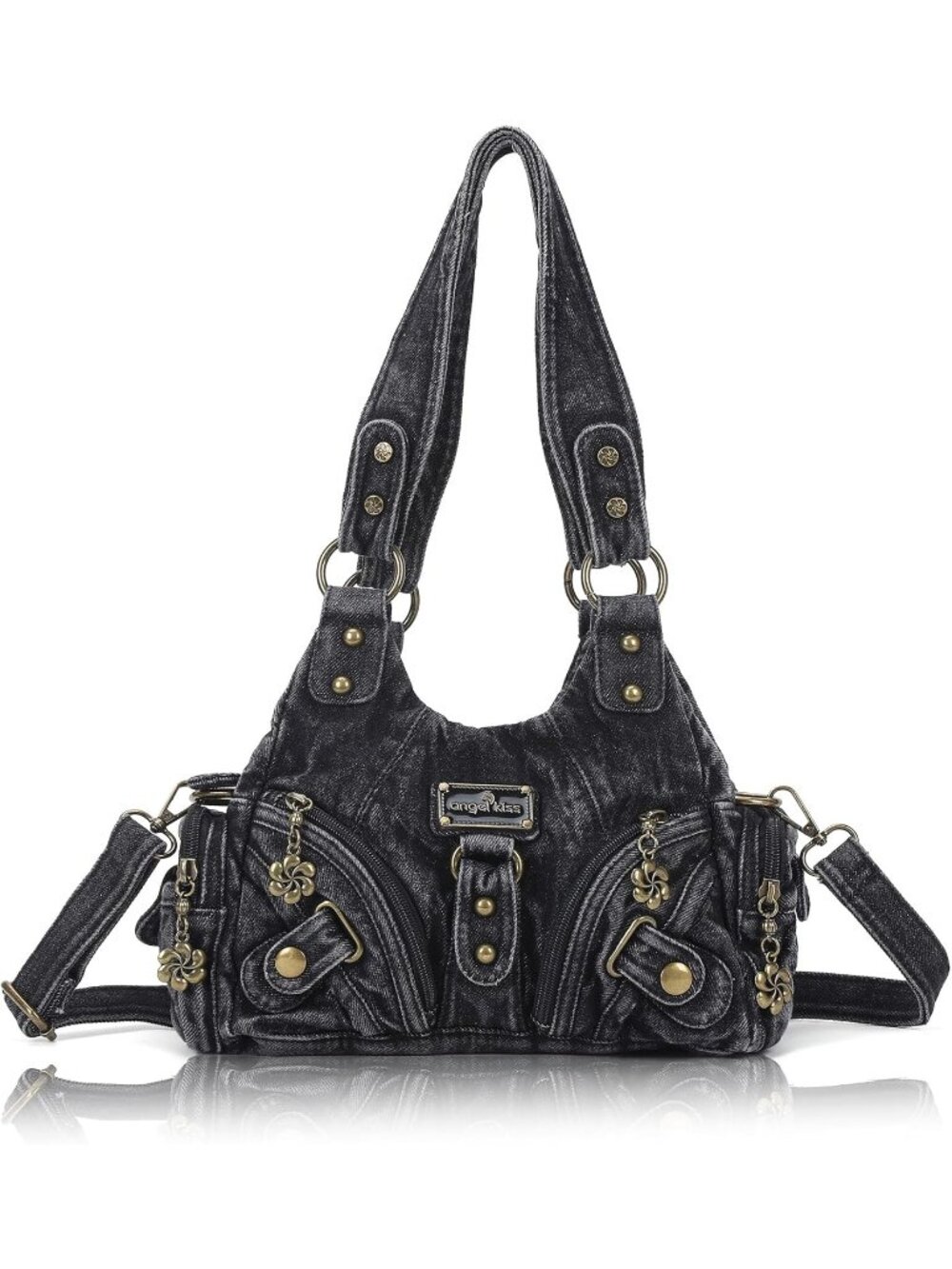 Women's Denim Black PU leather Zipper Multi-Pocket Small Hobo Shoulder Bag